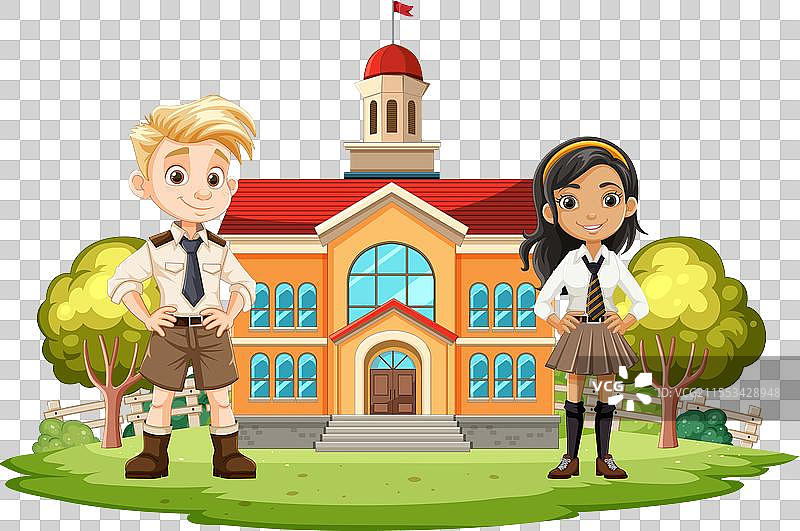 两个卡通学生站在学校前面图片素材
