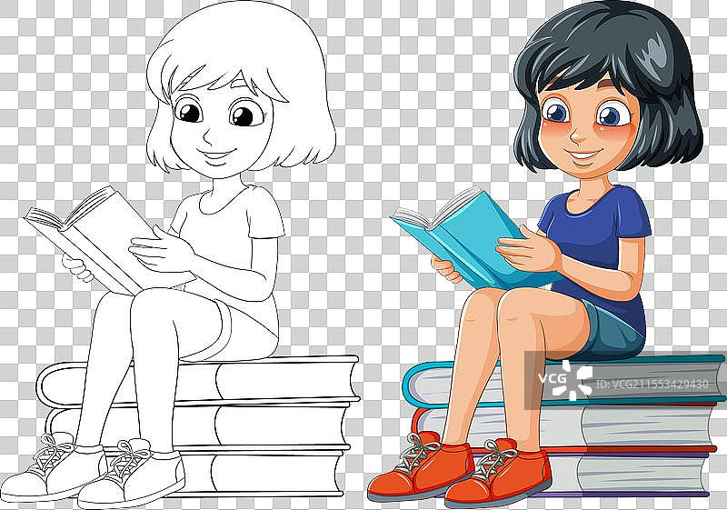 一个女孩坐在一堆书上阅读图片素材