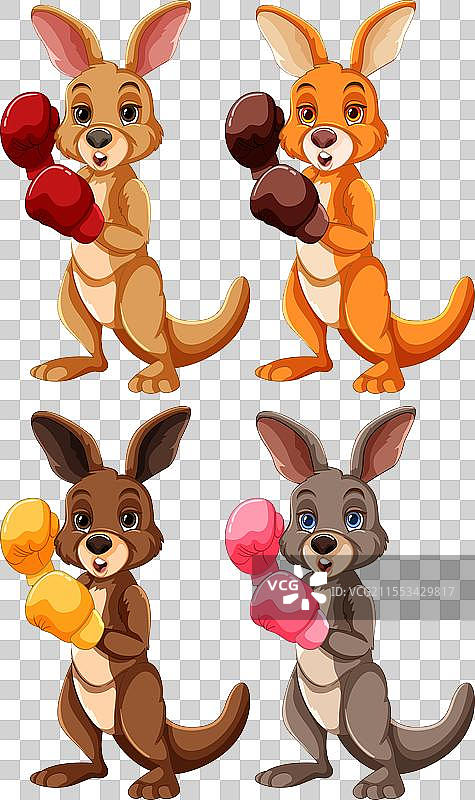 穿着拳击手套的彩色袋鼠卡通形象图片素材