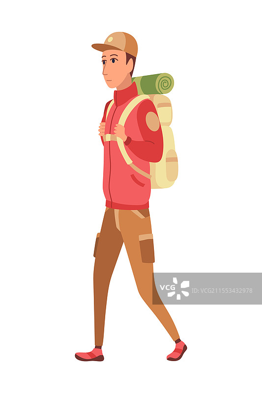 穿着夏季服装、背着大背包的徒步旅行者图片素材