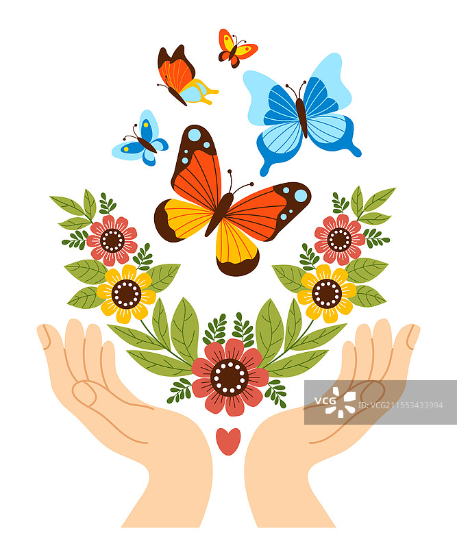 手掌上有花朵和蝴蝶图片素材