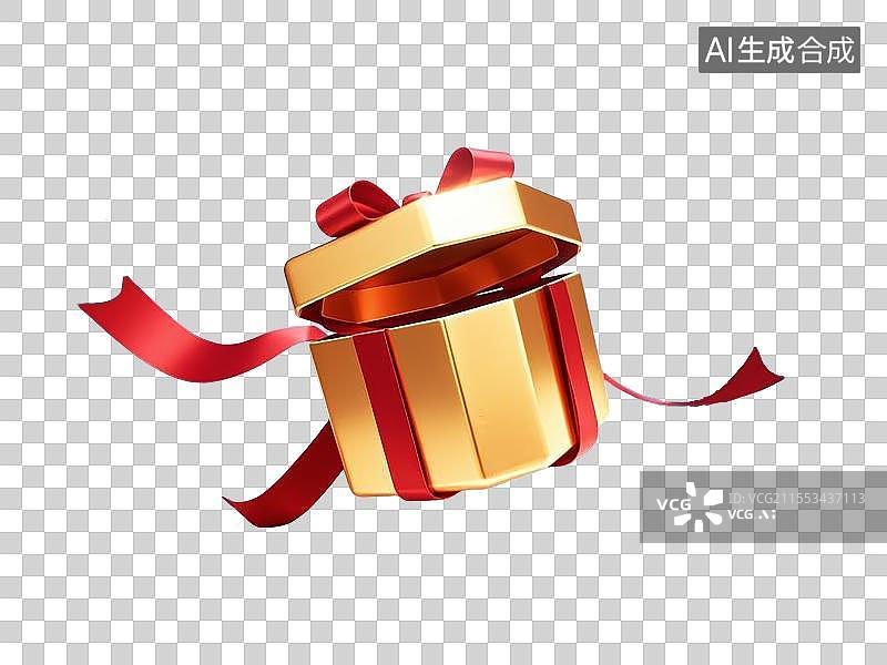 【AI数字艺术】大气礼盒插画元素，红色色金属质感带发光边缘带有红色丝绸漂浮图片素材