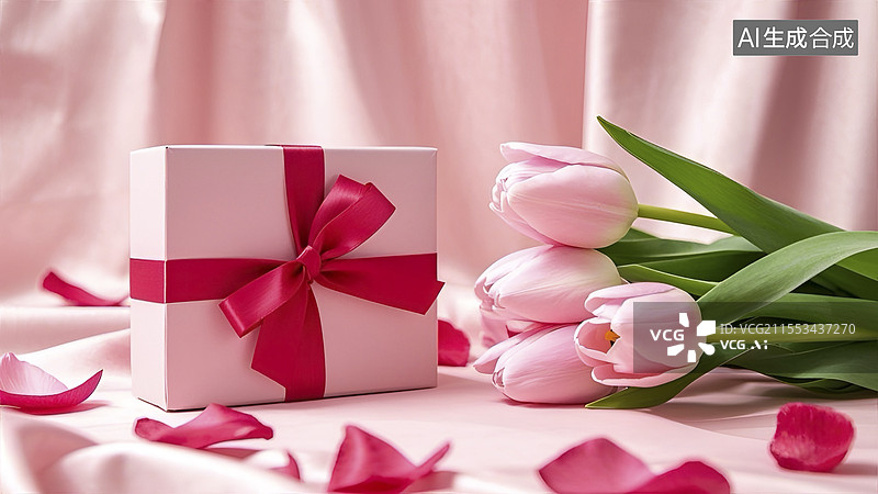 【AI数字艺术】粉色郁金香与礼物盒图片素材