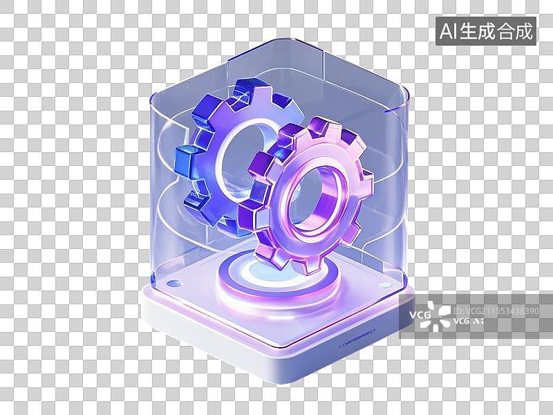 【AI数字艺术】全息投影风格的智能合约图标，发光齿轮咬合转动图片素材