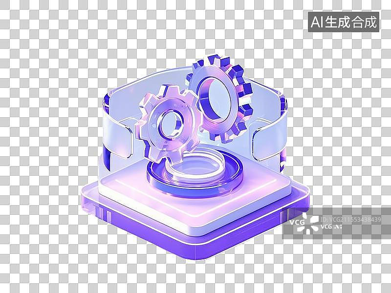 【AI数字艺术】全息投影风格的智能合约图标，发光齿轮咬合转动图片素材