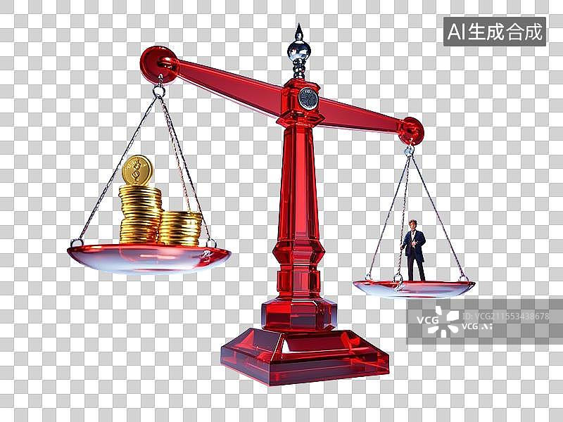 【AI数字艺术】通透水晶材质红色天平，两端承载金币与消费者小人图片素材