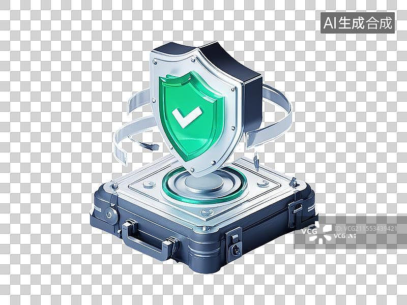 【AI数字艺术】透明背景的立体护盾和锁模型，箱体覆盖防伪水印纹理图片素材