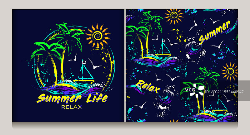 夏季霓虹标签图案与热带岛屿图片素材