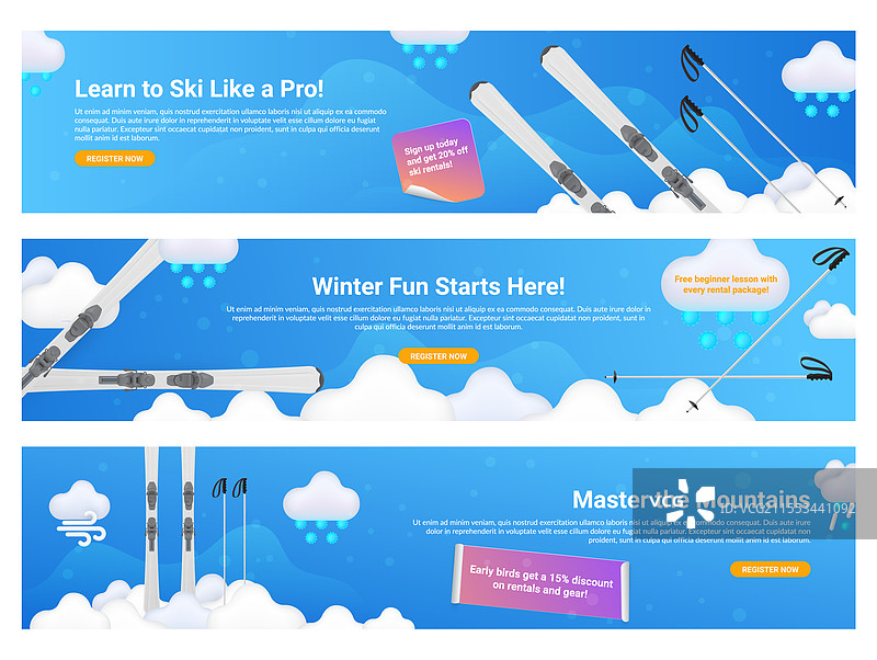 提供适合所有技能水平的滑雪课程的横幅图片素材