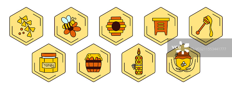 蜂蜜图标集：蜜蜂、花朵、蜂蜜罐图片素材