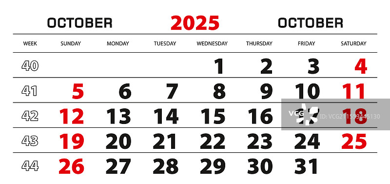 2025年十月的周起始墙壁日历图片素材