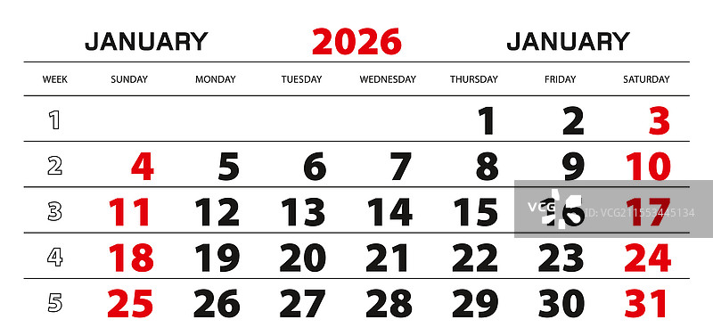 2026年1月的周起始墙面日历图片素材
