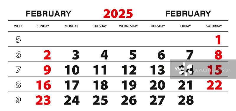 2025年2月的周起始墙面日历图片素材