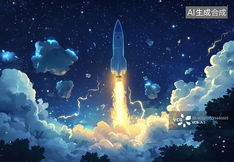 【AI数字艺术】一幅充满幻想色彩的火箭发射场景。画面中，一枚火箭正在从云层中腾空而起，背景是布满星星的夜空，图片素材