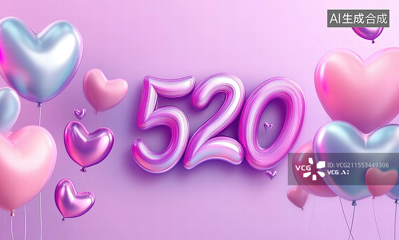【AI数字艺术】数字“520”以紫色和粉色的心形气球形式呈现，象征着网络情人节（5月20日）图片素材
