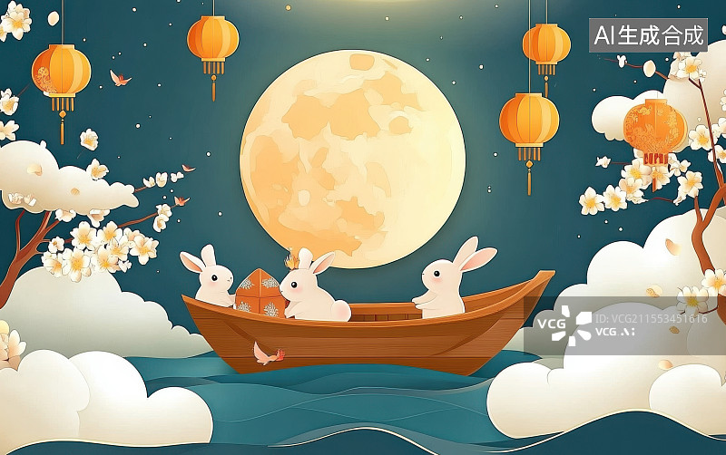 【AI数字艺术】中国风中秋节满月古风意境海报背景图片素材