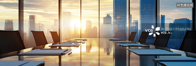 【AI数字艺术】高端商务会议室全景城市天际线背景图片素材