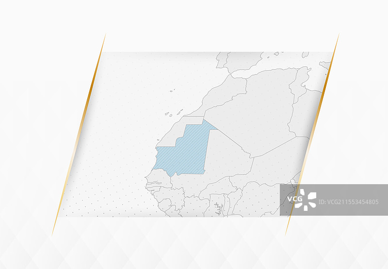 蓝色的毛里塔尼亚地图，配有金色边框装饰图片素材