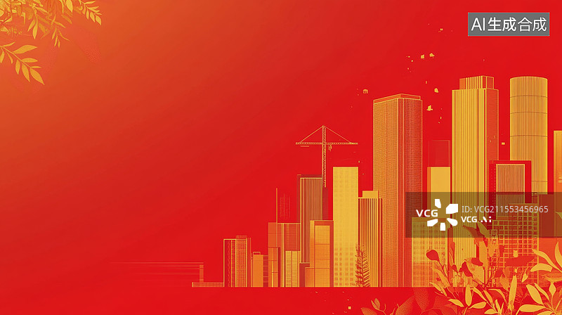 【AI数字艺术】金色丝带红色城市建筑党建背景图片素材