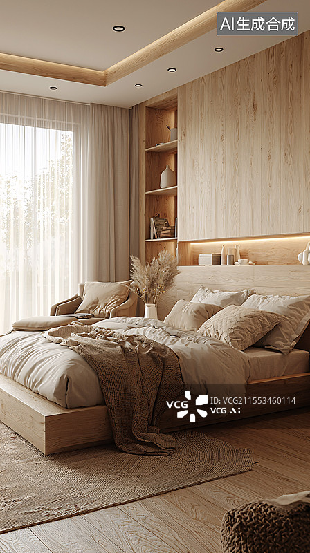 【AI数字艺术】木质平台床卧室设计图片素材