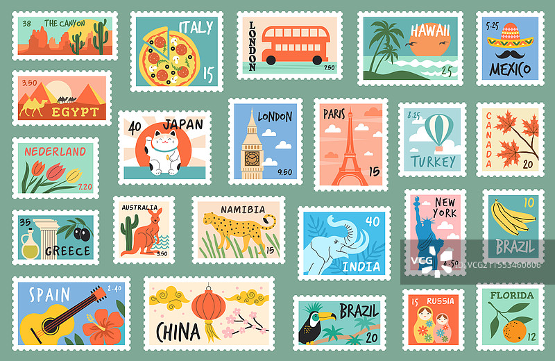邮票上的风景地标建筑图片素材