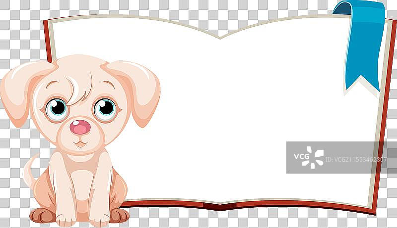 可爱的卡通小狗坐在一本打开的书旁边图片素材