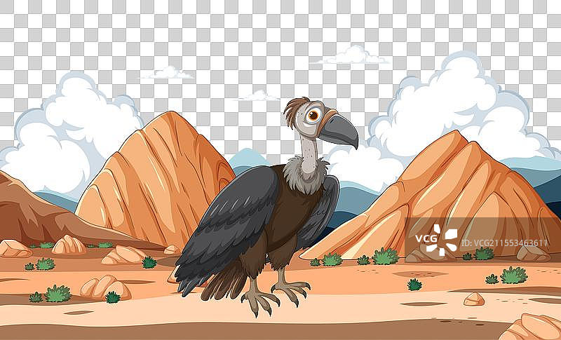 卡通秃鹫站在荒凉的沙漠中图片素材