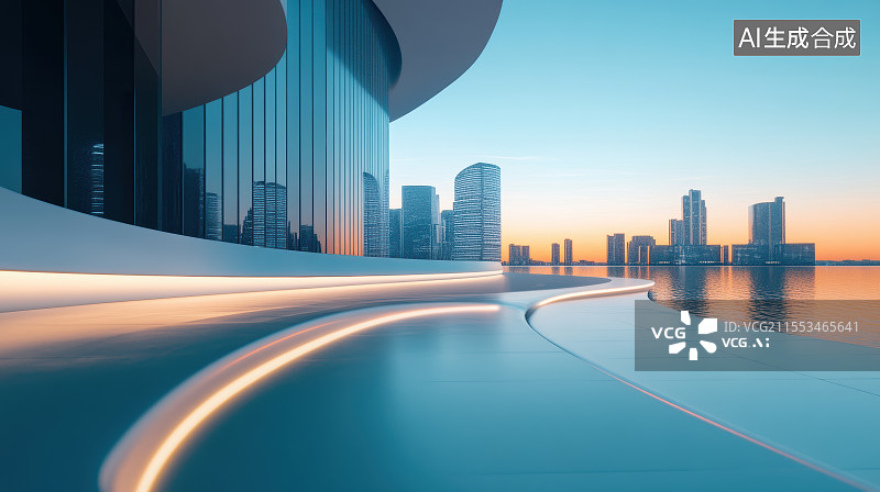 【AI数字艺术】日落时分的城市建筑风光与广场平台图片素材