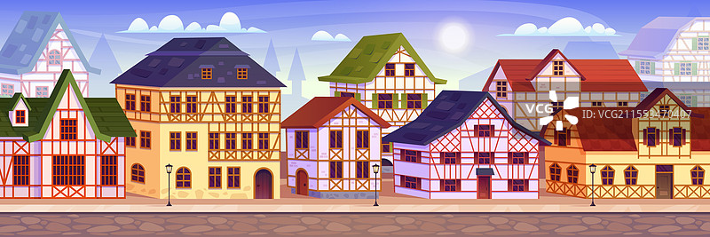 德国村庄街道， medieval 半木结构房屋图片素材