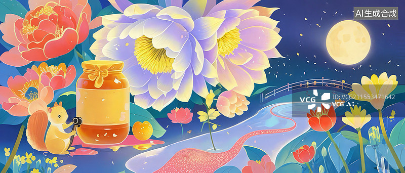 【AI数字艺术】荷叶蜜罐蜡笔插画，小熊抱蜜罐蚂蚁搬运，发光昙花睡鼠梦境温暖图片素材