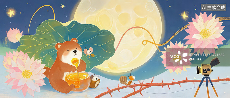 【AI数字艺术】荷叶蜜罐蜡笔插画，小熊抱蜜罐蚂蚁搬运，发光昙花睡鼠梦境温暖图片素材