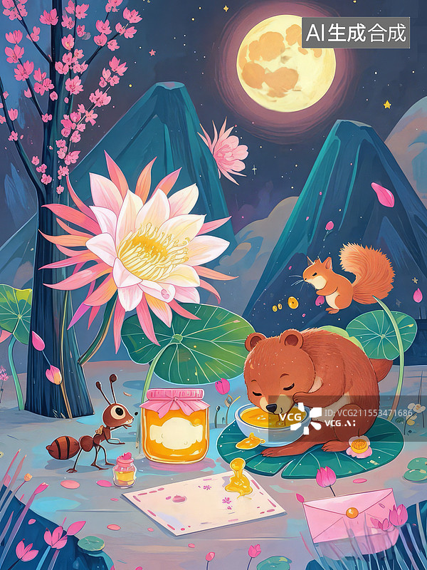【AI数字艺术】荷叶蜜罐蜡笔插画，小熊抱蜜罐蚂蚁搬运，发光昙花睡鼠梦境温暖图片素材
