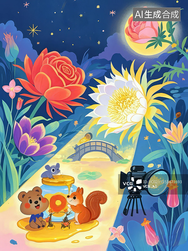 【AI数字艺术】荷叶蜜罐蜡笔插画，小熊抱蜜罐蚂蚁搬运，发光昙花睡鼠梦境温暖图片素材