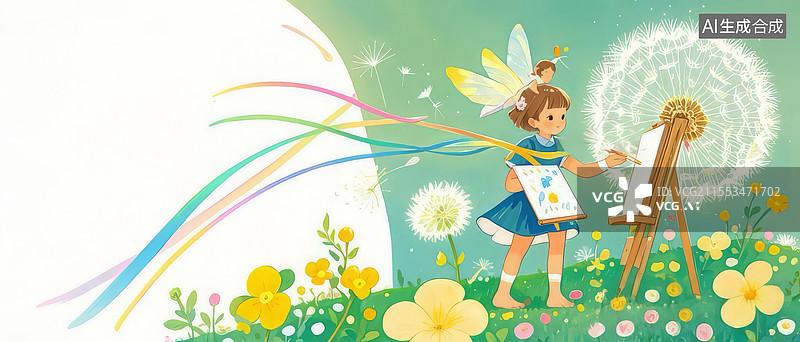 【AI数字艺术】人类互动蜡笔插画，小满金银花蒲公英作画，虹光花桥精灵修改画作图片素材