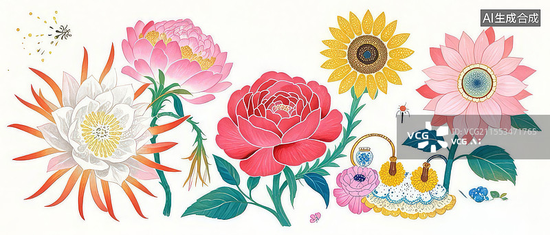 【AI数字艺术】百花舞台奇幻插画，牡丹玫瑰昙花竞艳，萤火星云泡泡演绎植物拟人剧场图片素材