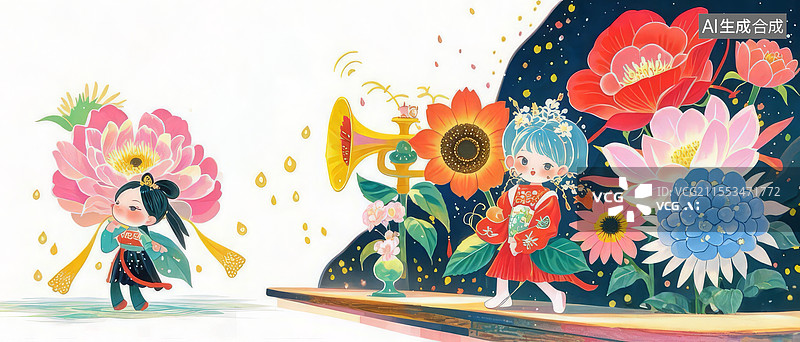 【AI数字艺术】百花舞台奇幻插画，牡丹玫瑰昙花竞艳，萤火星云泡泡演绎植物拟人剧场图片素材