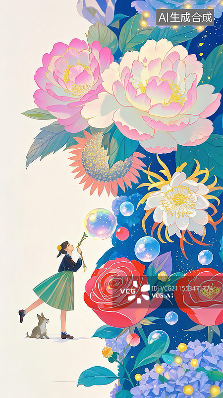 【AI数字艺术】百花舞台奇幻插画，牡丹玫瑰昙花竞艳，萤火星云泡泡演绎植物拟人剧场图片素材