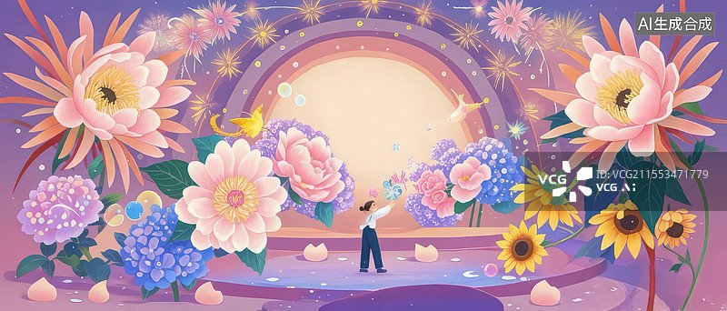 【AI数字艺术】百花舞台奇幻插画，牡丹玫瑰昙花竞艳，萤火星云泡泡演绎植物拟人剧场图片素材