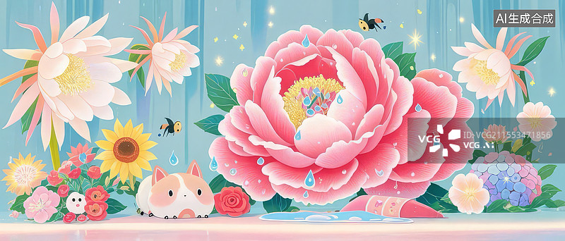 【AI数字艺术】百花舞台奇幻插画，牡丹玫瑰昙花竞艳，萤火星云泡泡演绎植物拟人剧场图片素材