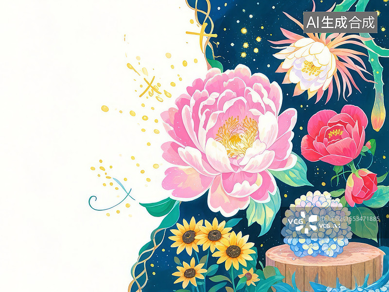 【AI数字艺术】百花舞台奇幻插画，牡丹玫瑰昙花竞艳，萤火星云泡泡演绎植物拟人剧场图片素材