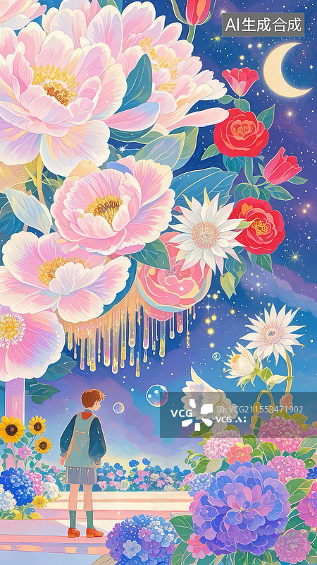 【AI数字艺术】百花舞台奇幻插画，牡丹玫瑰昙花竞艳，萤火星云泡泡演绎植物拟人剧场图片素材