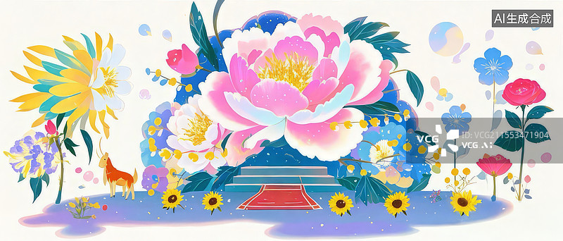 【AI数字艺术】百花舞台奇幻插画，牡丹玫瑰昙花竞艳，萤火星云泡泡演绎植物拟人剧场图片素材