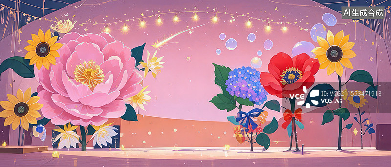 【AI数字艺术】百花舞台奇幻插画，牡丹玫瑰昙花竞艳，萤火星云泡泡演绎植物拟人剧场图片素材