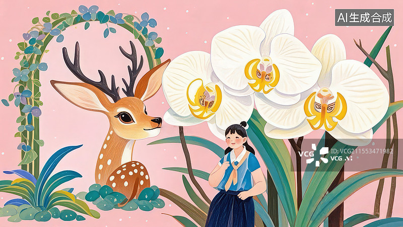【AI数字艺术】蝴蝶兰蜡笔插画，小鹿轻触花瓣女孩微笑，花序下垂展现优雅自然图片素材