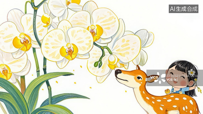 【AI数字艺术】蝴蝶兰蜡笔插画，小鹿轻触花瓣女孩微笑，花序下垂展现优雅自然图片素材