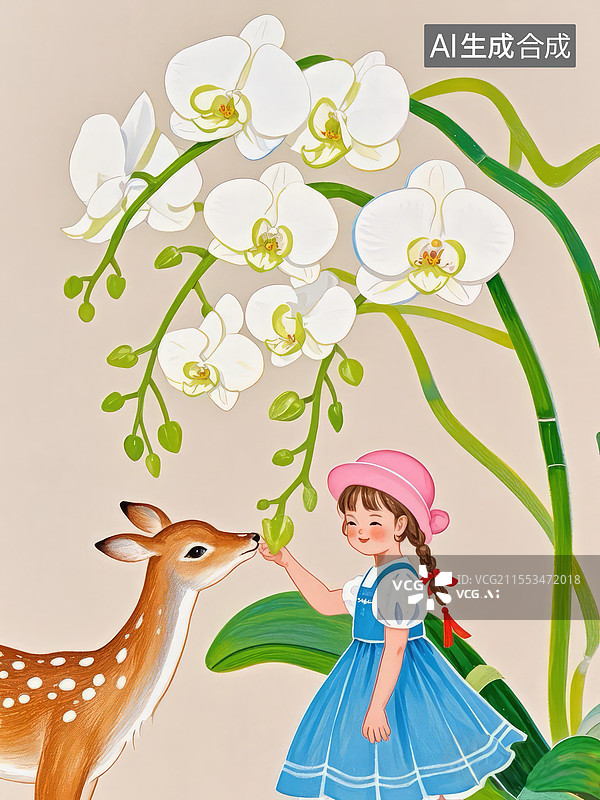 【AI数字艺术】蝴蝶兰蜡笔插画，小鹿轻触花瓣女孩微笑，花序下垂展现优雅自然图片素材