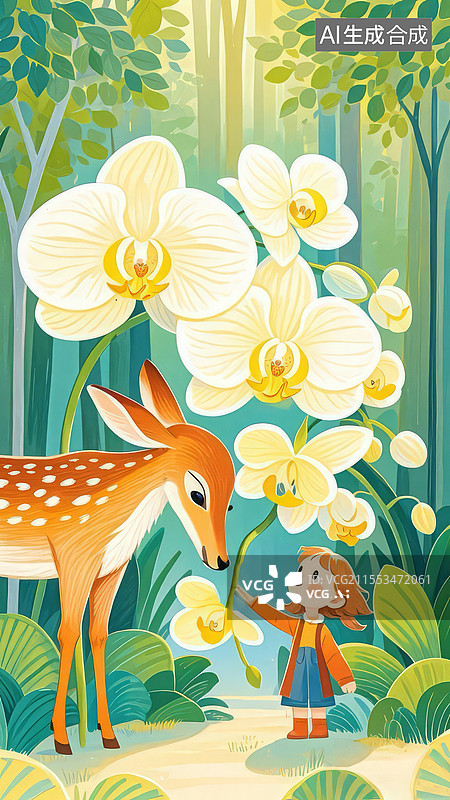 【AI数字艺术】蝴蝶兰蜡笔插画，小鹿轻触花瓣女孩微笑，花序下垂展现优雅自然图片素材