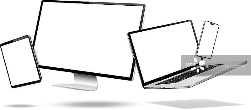 飞行中的电脑显示器、笔记本电脑、平板电脑和手机图片素材
