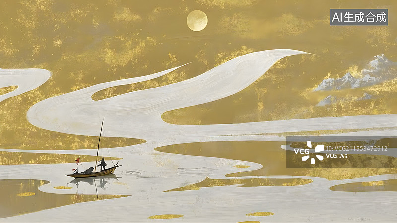 【AI数字艺术】金色河流上的小船图片素材