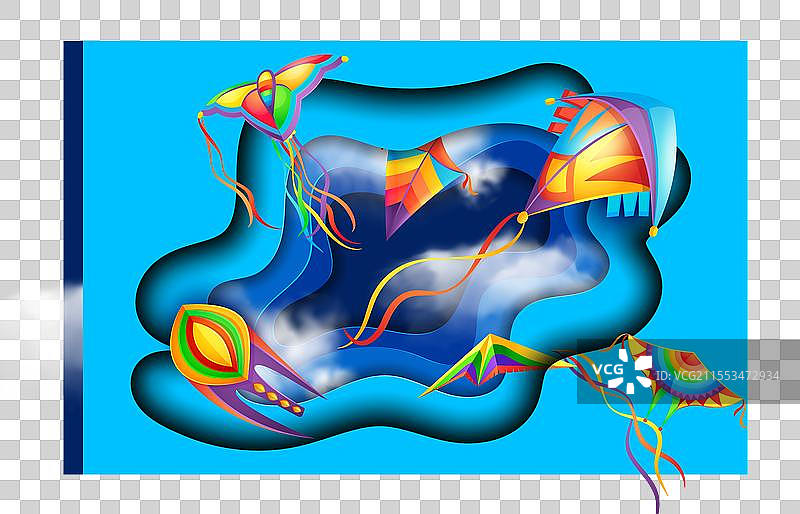 蓝天上有剪纸风和云中的风筝图片素材